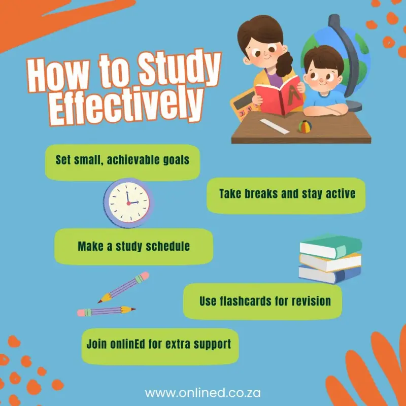 How to Study Effectively: set small, achievable goals; take breaks and stay active; make a study schedule; use flashcards for revision; and join onlinEd for extra support. www.onlined.co.za