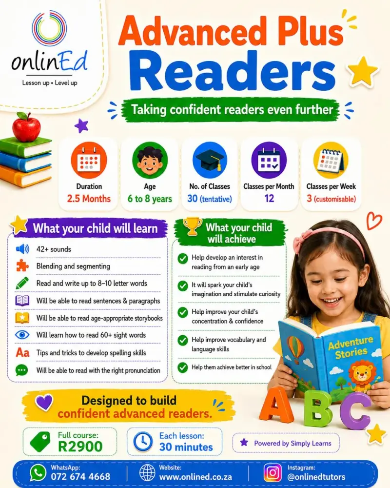 Advanced Plus Readers flyer: ages 6–8, about 30 lessons of 30 minutes, R2900 for the full course.
