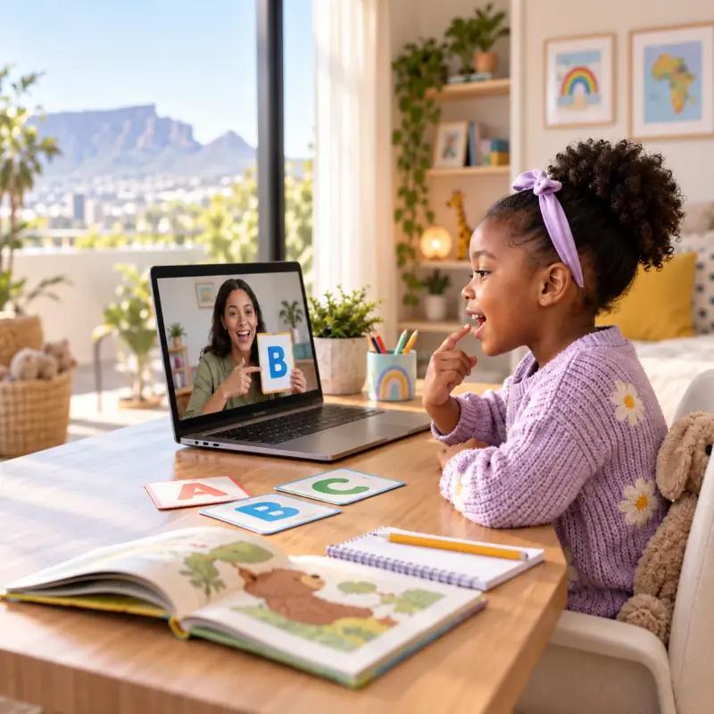 A young girl sounds out the letter B with her tutor on a laptop video call, letter cards and a picture book on the desk